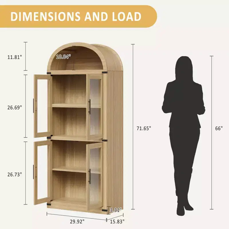 Libreria alta ad arco GustoWave 71.4 con 4 ante e 2 cassetti, armadietto espositivo profondo 15.8 con ripiani, scaffale in legno