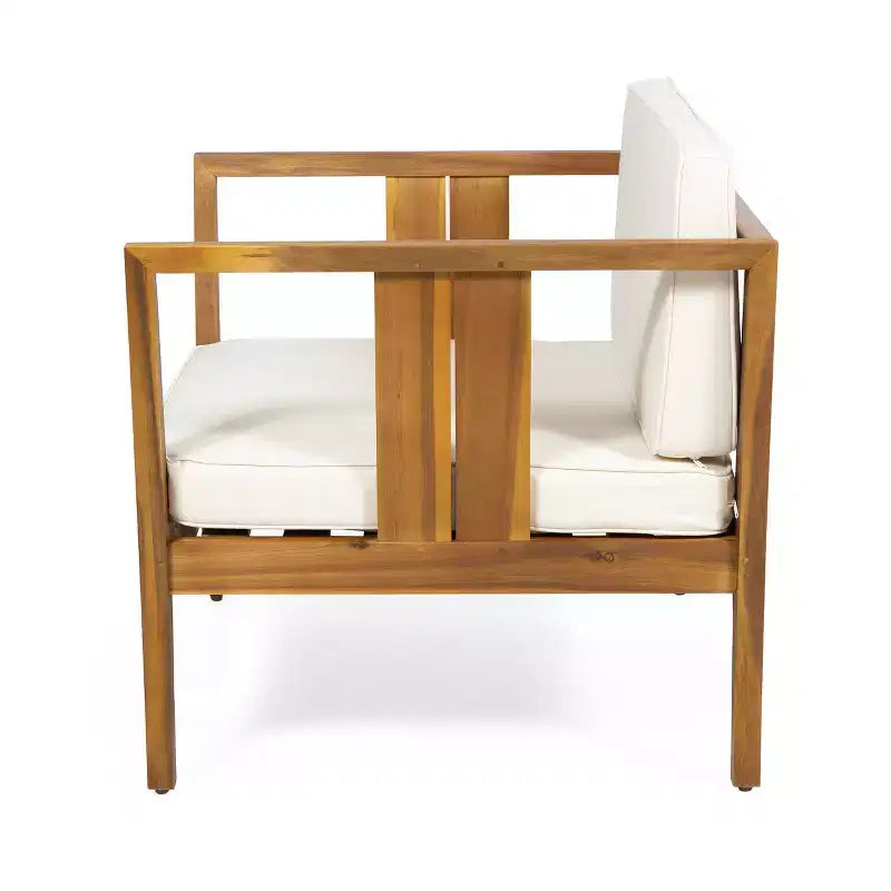 Set da Conversazione per Esterni 4 Posti Nicholson in Legno di Acacia - Teak/Beige - Christopher Knight Home: Set Conversazione per Patio con Cuscini e Tavolino da Caffè