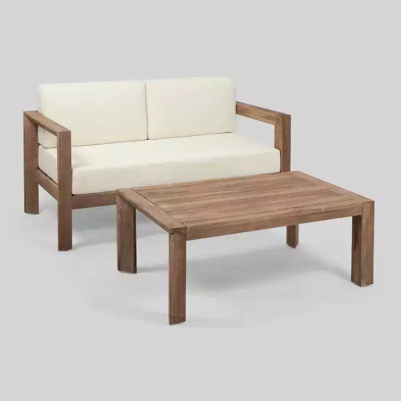 Set 2 pezzi divanetto e tavolino da caffè in legno per patio Genser marrone - Christopher Knight Home: Set da esterno in acacia con cuscini