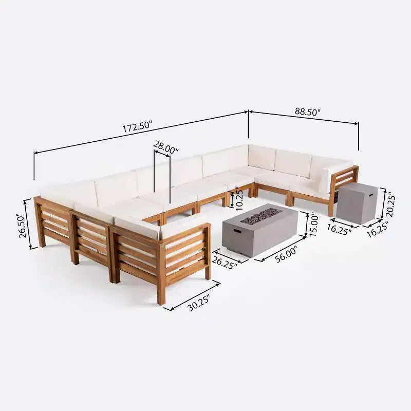 Oana Set Divano Sezionale a U 12 Pezzi in Acacia con Focolare - Teak/Beige e Grigio Chiaro - Christopher Knight Home