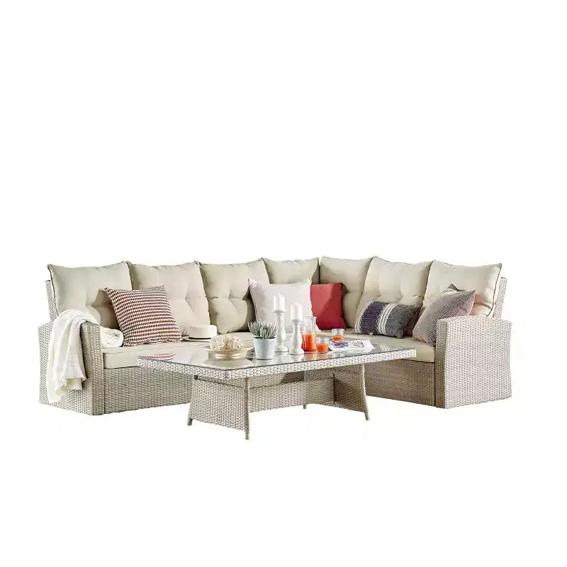 Canaan Set Divano Angolare 2pz in Vimini da Esterno Crema - Alaterre Furniture: Resistente alle Intemperie con Tavolino da Caffè