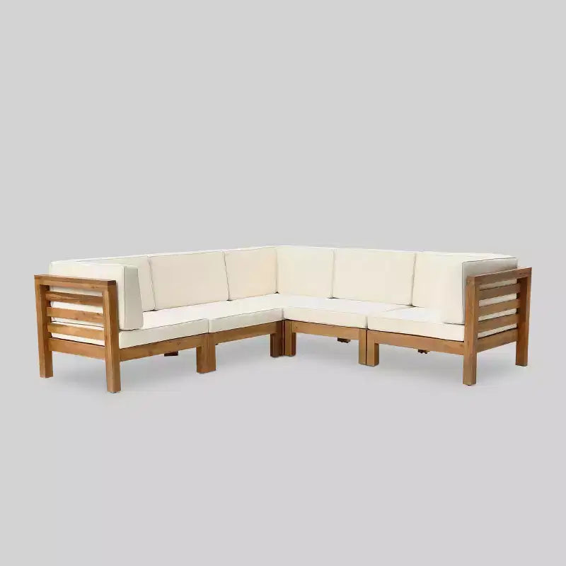 Divano componibile a V a 5 pezzi Oana in legno di acacia, teak/beige - Christopher Knight Home: resistente alle intemperie, design contemporaneo