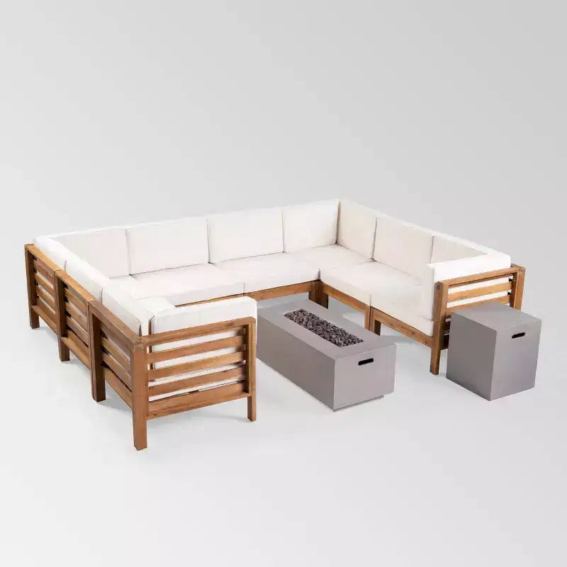 Oana Divano sezionale a U in legno di acacia da 10 pezzi con set braciere - Teak/Beige - Christopher Knight Home: Seduta modulare da esterno