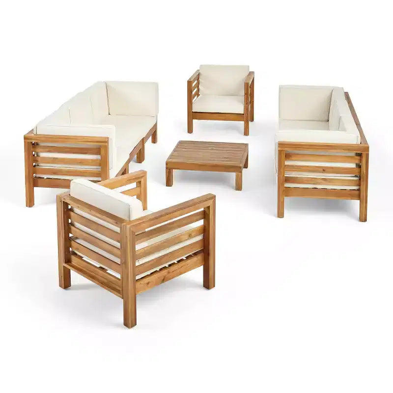 Oana Set 9 Pezzi Divano e Poltrona Club in Legno di Acacia Teak/Beige - Christopher Knight Home: Sezionale da Esterno Modulare, Resistente alle Intemperie
