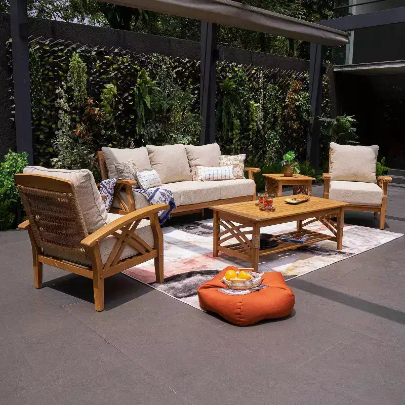 Set da conversazione da esterno Sonoma Lane Eola 5 pezzi in teak con cuscini con cerniera color cammello – Resistente alle intemperie