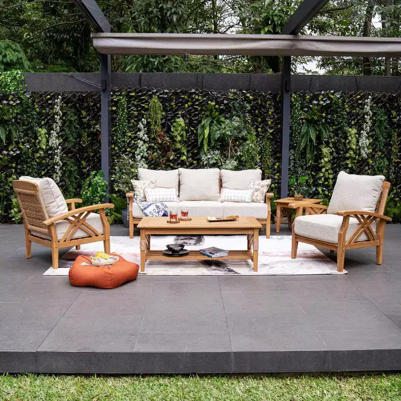 Set da conversazione da esterno Sonoma Lane Eola 5 pezzi in teak con cuscini con cerniera color cammello – Resistente alle intemperie