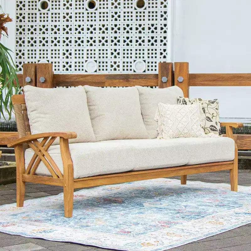 Set da conversazione da esterno Sonoma Lane Eola 5 pezzi in teak con cuscini con cerniera color cammello – Resistente alle intemperie