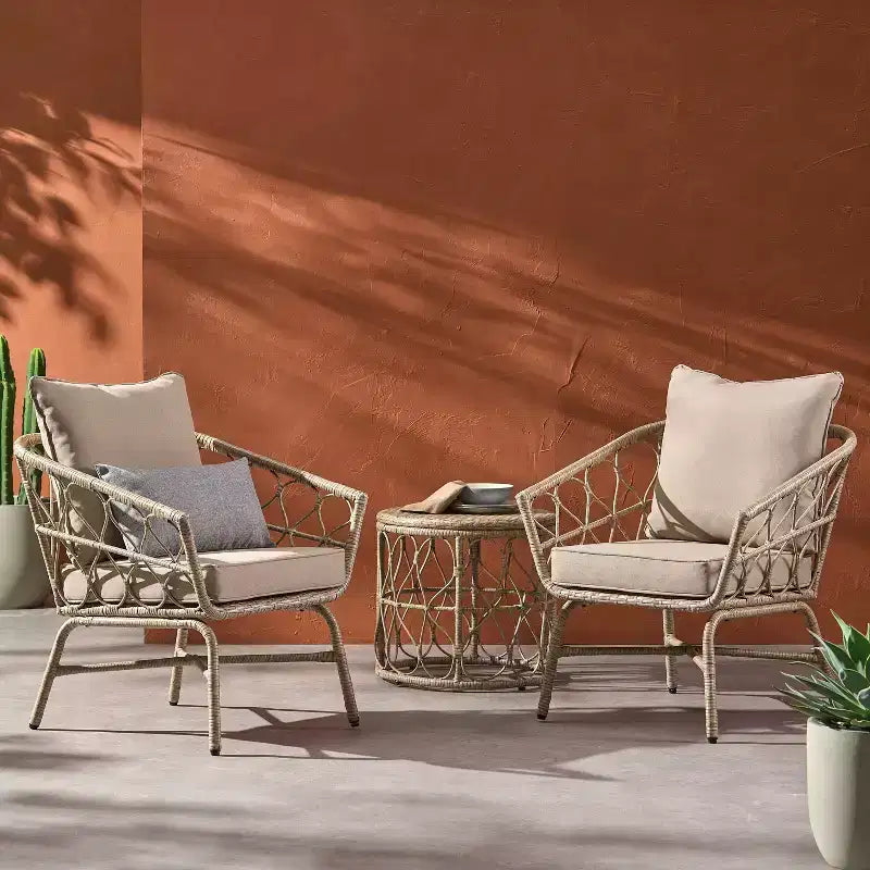 Set da conversazione 3 pezzi in vimini Bruce per esterno con cuscini marrone chiaro/beige - Christopher Knight Home: Rattan PE, resistente ai raggi UV e alle intemperie