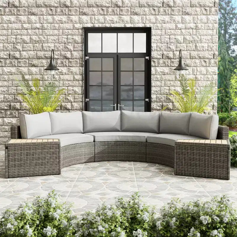 Greemotion Ensemble de Meubles d'Extérieur Courbés 5 Pièces Barbuda avec Tables de Rangement en Bois de Teck Marron : Salon de Jardin Résistant aux UV et à la Rouille