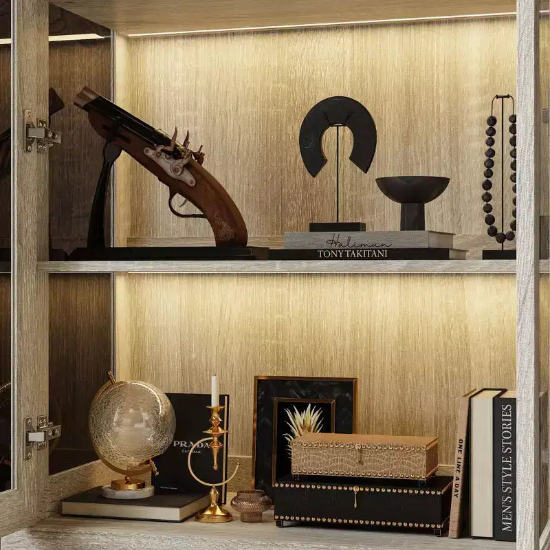 Famapy Libreria Rovere Grigio con Vetro e Striscia Luminosa a LED, Scaffale Alto con Ante, Vetrina per Collezione