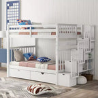 Letto a castello Full over Full con scaletta per bambini, struttura a castello matrimoniale con 6 cassetti e ringhiera per cameretta o dormitorio