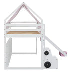 Lit mezzanine bas pour enfants avec toboggan et étagères de rangement, cadre de lit mezzanine en bois avec tente et escaliers