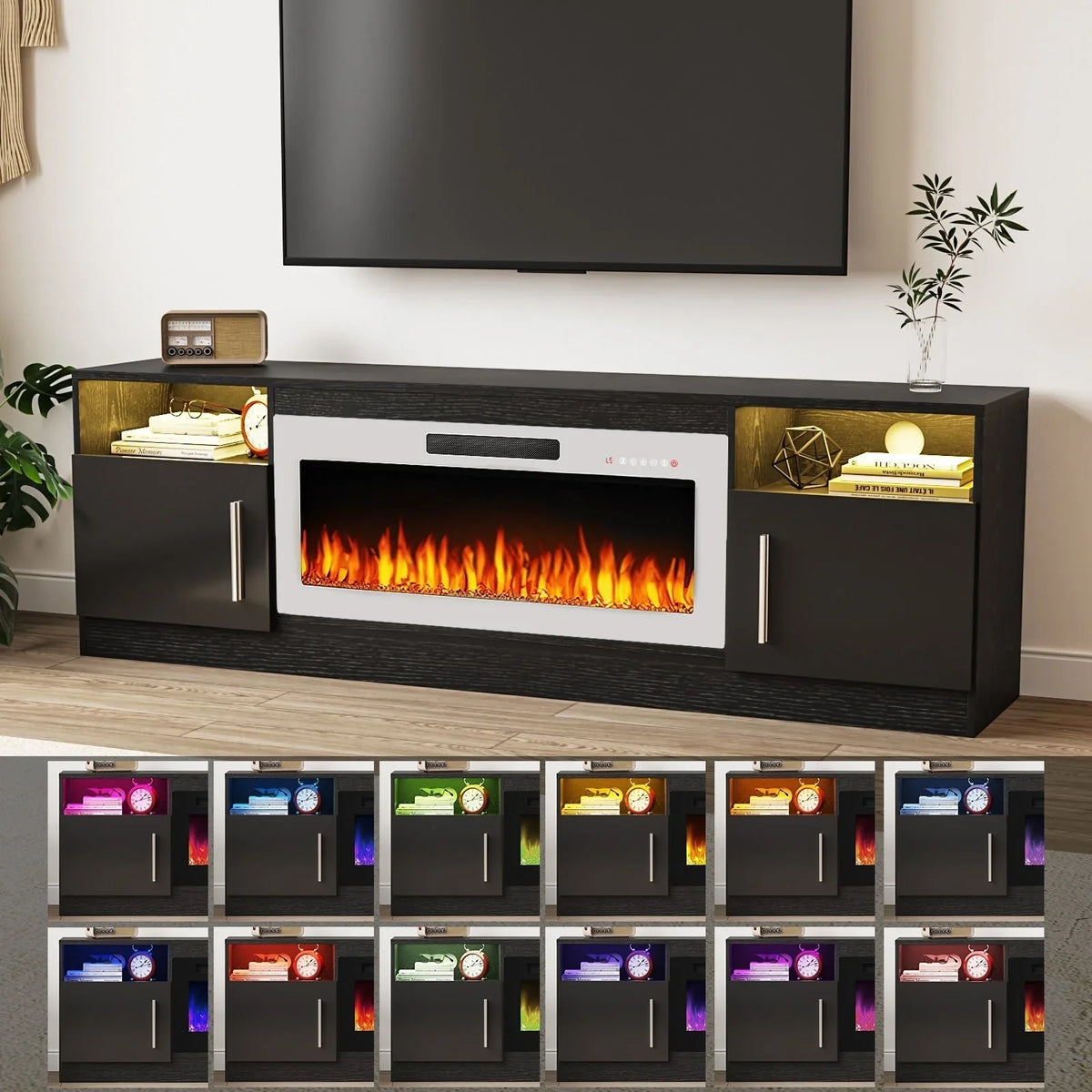 Mobile TV Bossin 70" con caminetto elettrico 36", Mobile TV per televisori fino a 80", 16 colori LED/Centro di intrattenimento