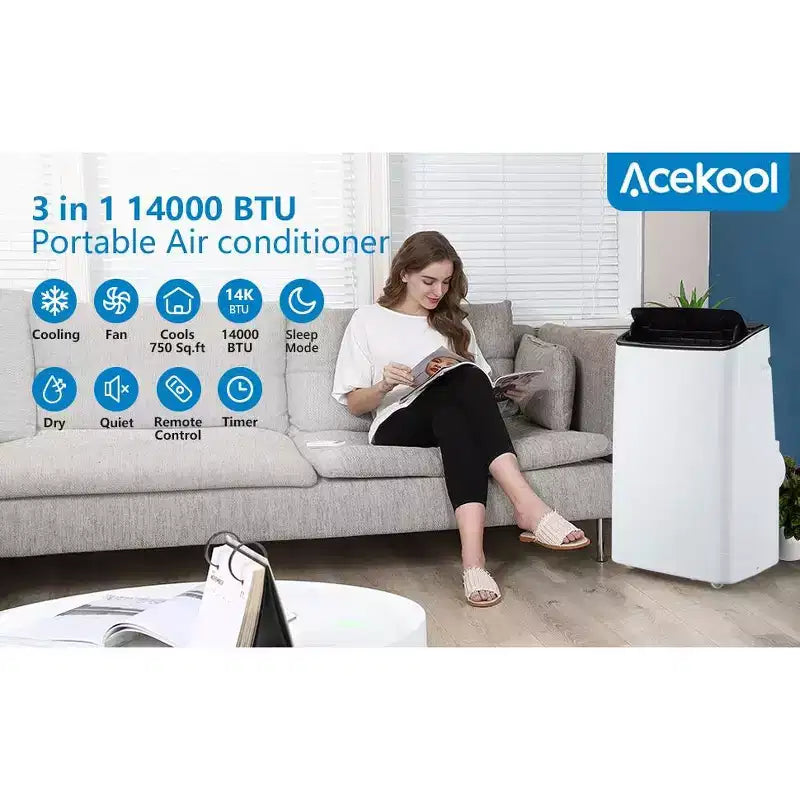 Climatiseur portable Acekool 14000 BTU, unité de climatisation 3-en-1 avec Wi-Fi, refroidit et chauffe jusqu'à 65 m², télécommande, pour salon/camping-car/espace de travail
