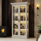 Famapy Libreria Rovere Grigio con Vetro e Striscia Luminosa a LED, Scaffale Alto con Ante, Vetrina per Collezione