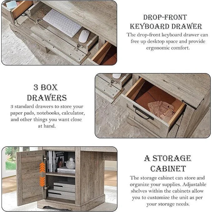 Scrivania direzionale da 60 pollici in stile rustico, scrivania per ufficio domestico in legno, scrivania per computer