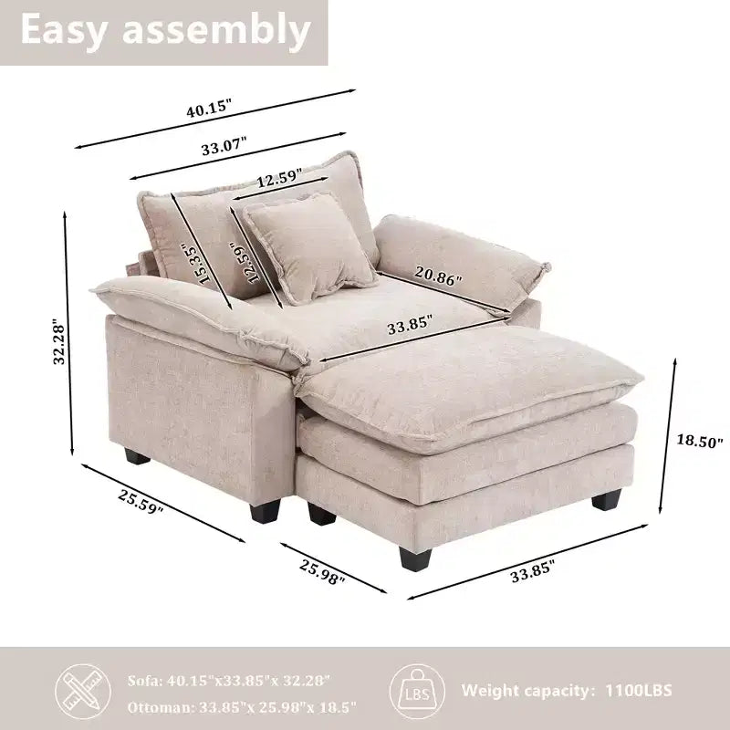 Fauteuil d'appoint surdimensionné en chenille EHMKNP avec pouf