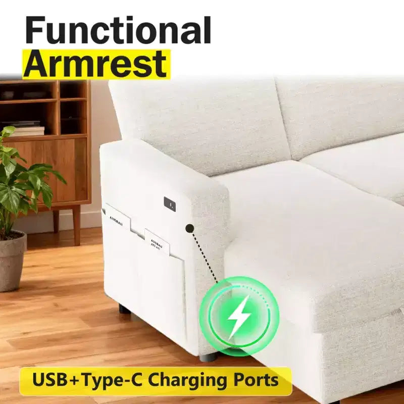 Canapé convertible 2 en 1 Dyonery avec méridienne de rangement, sectionnel en chenille avec ports USB pour salon