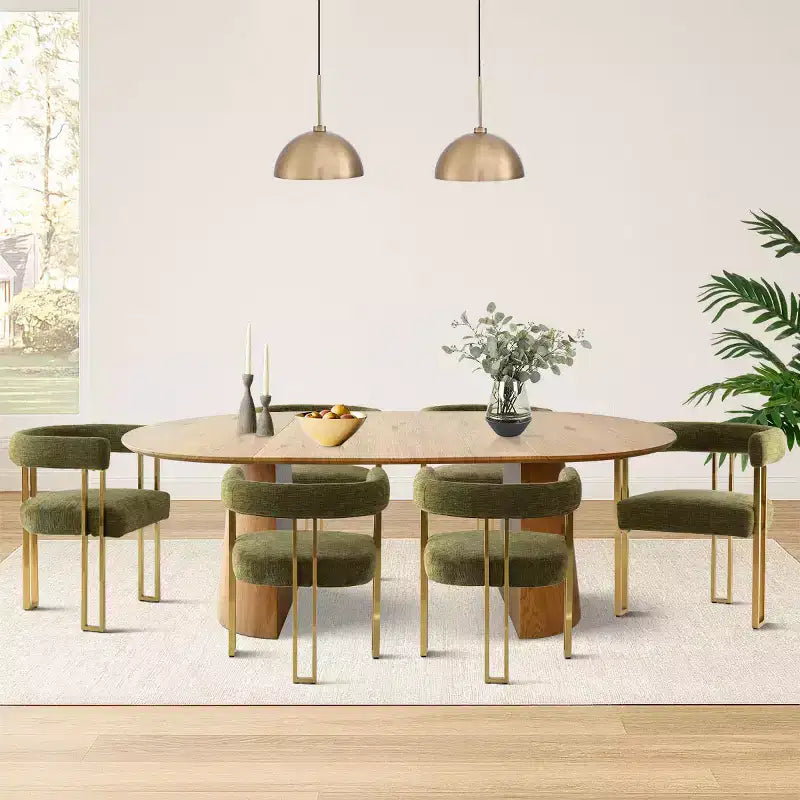 Set tavolo da pranzo allungabile ovale 3-in-1 con 6 sedie imbottite in ciniglia con gambe in metallo dorato, mobili da pranzo versatili - Panipeachy