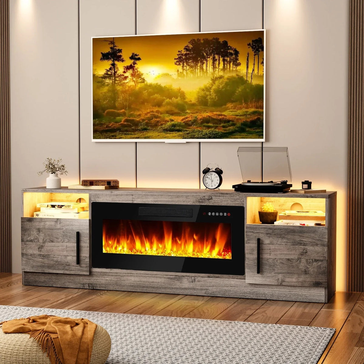 Mobile TV Bossin 70" con caminetto elettrico 36", Mobile TV per televisori fino a 80", 16 colori LED/Centro di intrattenimento