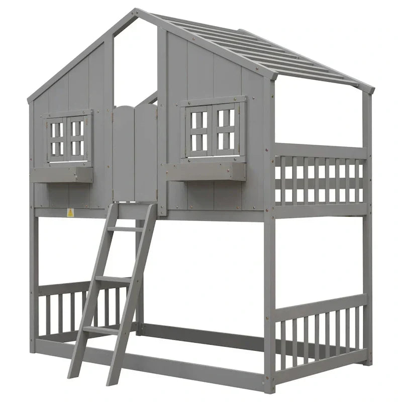 Lit superposé cabane jumeau sur jumeau avec toit, fenêtre, jardinière, porte, barrières de sécurité et échelle, gris
