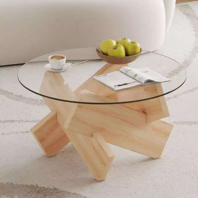 Table basse circulaire moderne en verre Okak, petite table à thé au design distinctif avec pieds en bois pour salon, réception, bureau, fermes