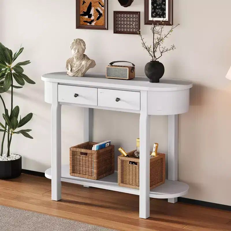 Table console élégante Okak avec finition lisse, table d'entrée avec design incurvé et 2 tiroirs, table d'appoint pour salon, couloir