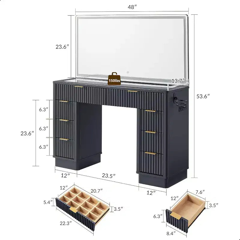 Coiffeuse à 48 cannelures avec miroir et lumières, table de maquillage moderne avec 8 tiroirs et station de charge, coiffeuse avec plateau en verre
