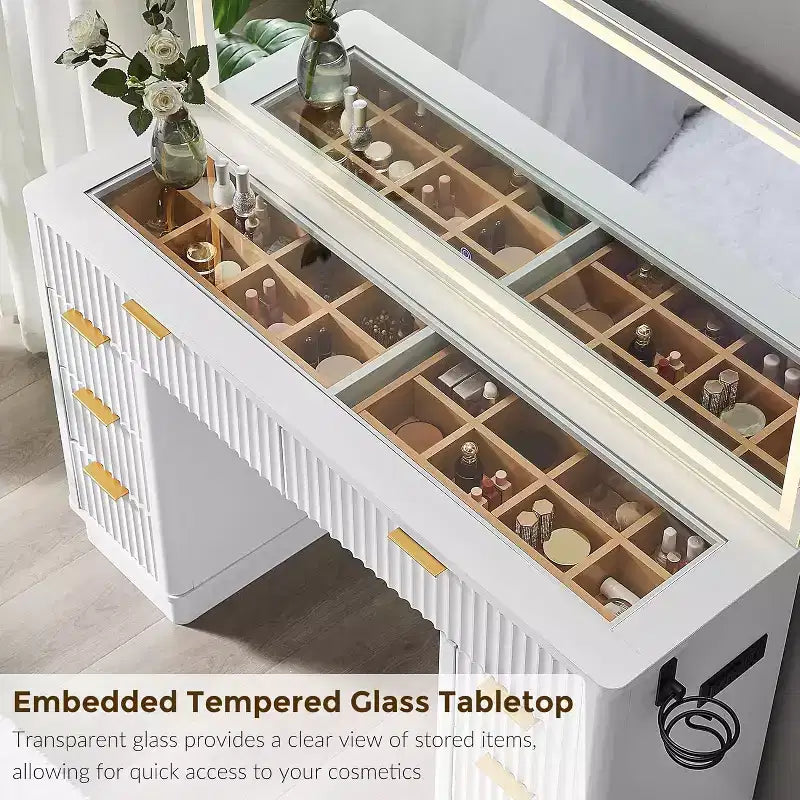 Coiffeuse à 48 cannelures avec miroir et lumières, table de maquillage moderne avec 8 tiroirs et station de charge, coiffeuse avec plateau en verre