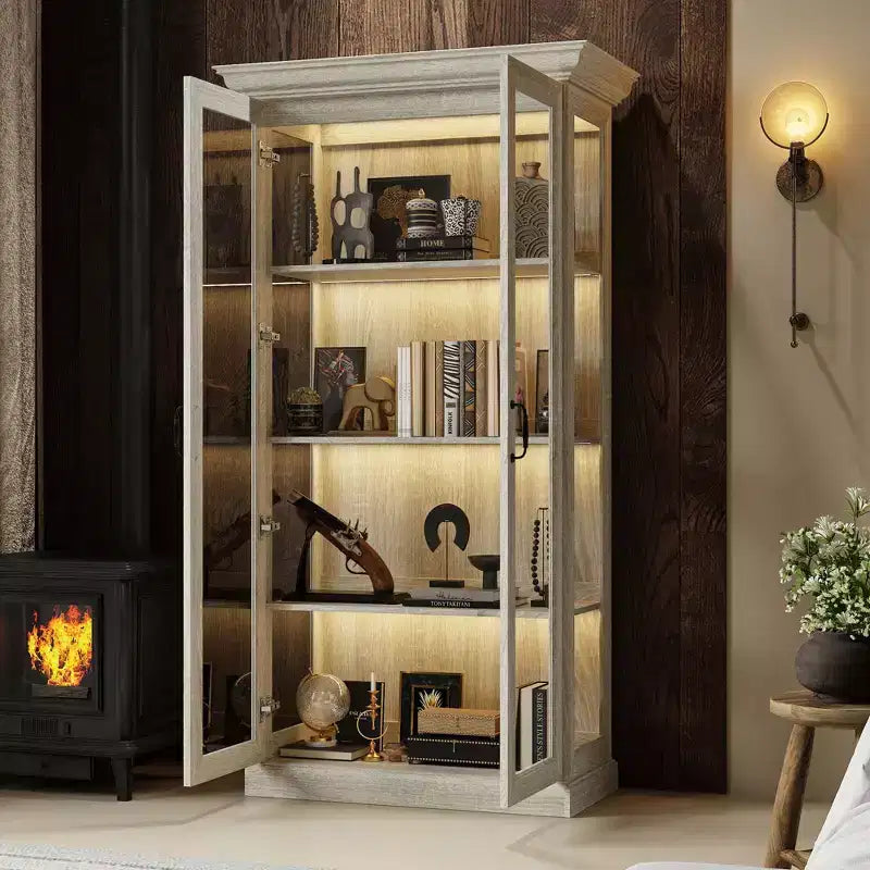 Famapy Libreria Rovere Grigio con Vetro e Striscia Luminosa a LED, Scaffale Alto con Ante, Vetrina per Collezione