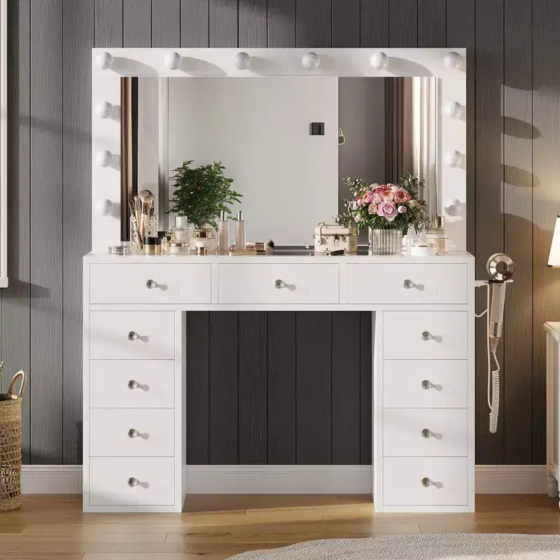 Toeletta con Specchio e Luci LED, Trucchi da Trucco Bianco con 11 Cassetti e una Presa di Corrente, 3 Modalità Colore e Luminosità Regolabile