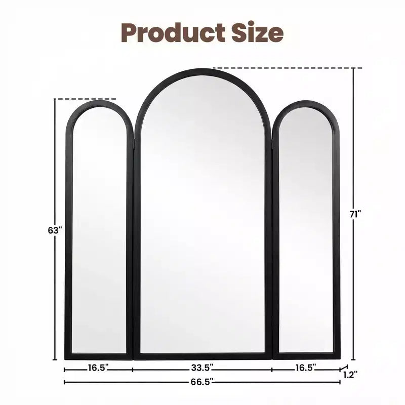 Dovelina 71H*66.5W Miroir pleine longueur triptyque sur pied en arche pour salon, salle à manger, entrée, chambre à coucher, cadre en métal/bois disponible