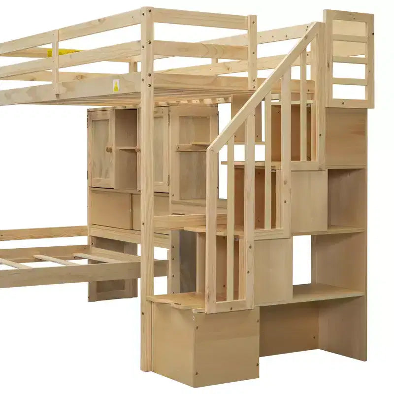 Lit superposé double en bois avec bureau et escalier, lit mezzanine double en L avec rangements et étagères