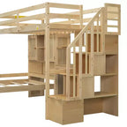 Lit superposé double en bois avec bureau et escalier, lit mezzanine double en L avec rangements et étagères