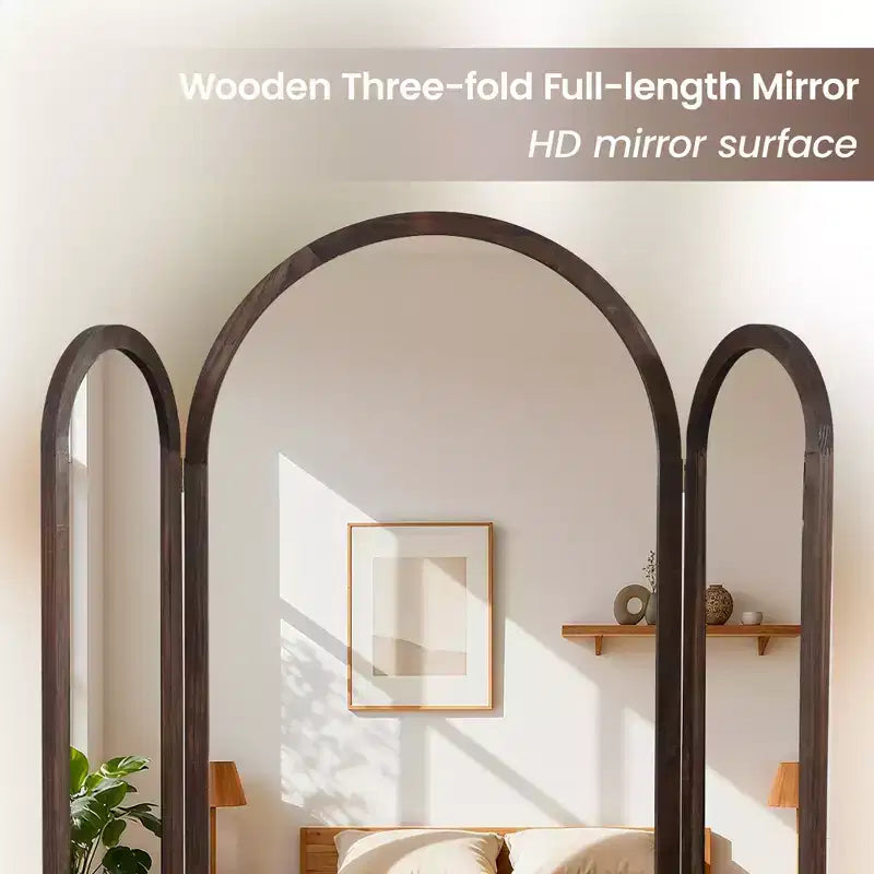 Specchio a tre ante Dovelina 71A*66.5L, specchio a figura intera ad arco reclinabile per soggiorno, sala da pranzo, ingresso, camera da letto, telaio in metallo/legno disponibile