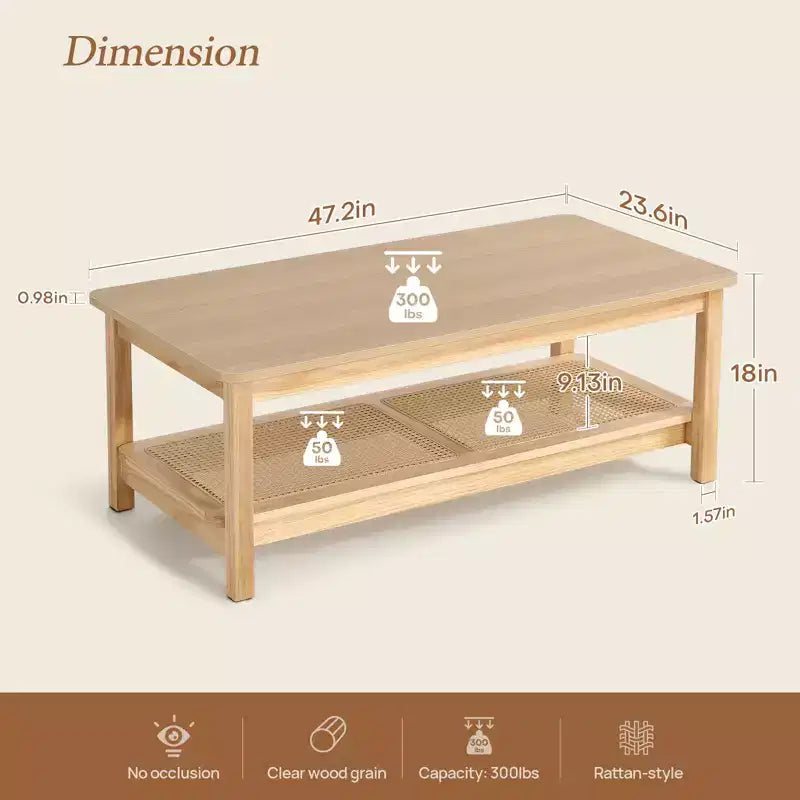 Bekrvio 47.2'' Table Basse Bohème Mid-Century, Table Centrale Rectangulaire Rustique à 2 Niveaux en Bois avec Pieds en Bois et Étagère en Rotin, pour Salon