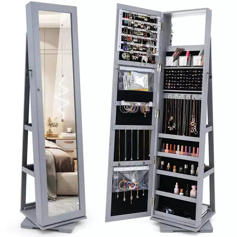 Costway Armoire à bijoux rotative à 360° 2-en-1 Organiseur miroir verrouillable Blanc/Noir/Marron foncé/Gris/Bleu/Rose/Violet/Gris foncé