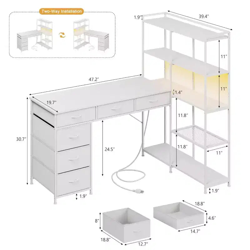 Scrivania per computer a L da 47" con 6 cassetti e mensole a 5 ripiani, scrivania angolare reversibile da gaming con luci LED e prese di corrente