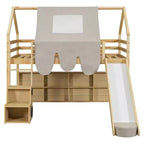 Lit mezzanine bas pour enfants avec toboggan et étagères de rangement, cadre de lit mezzanine en bois avec tente et escaliers