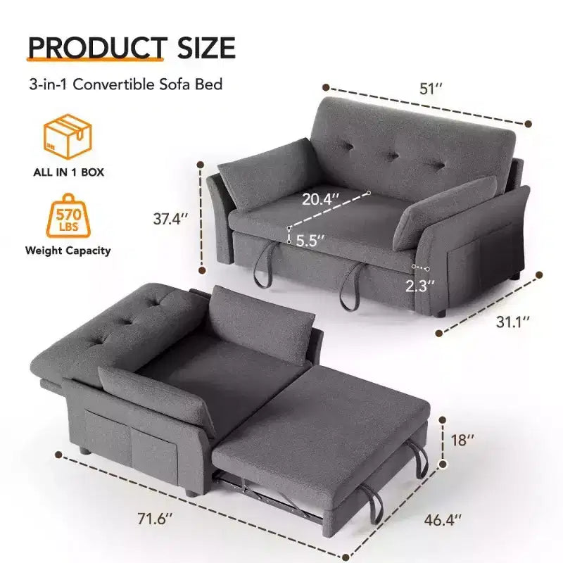Dyonery 51 Divano Letto 3-in-1, Divanetto Convertibile con Letto Estraibile, Schienale Regolabile, Divano in Lino