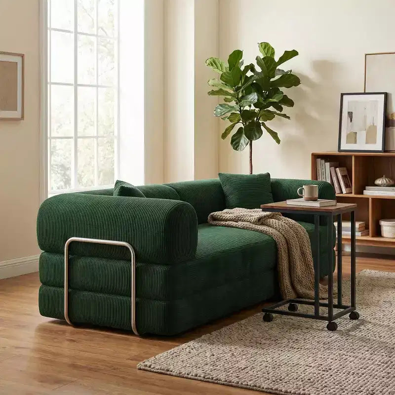 Divano Letto Convertibile FurnitureR con Set Tavolino Laterale su Ruote, Divano Moderno in Velluto a Coste con Tavolino per Snack Movibile per Soggiorno, Appartamento, Spazi Piccoli