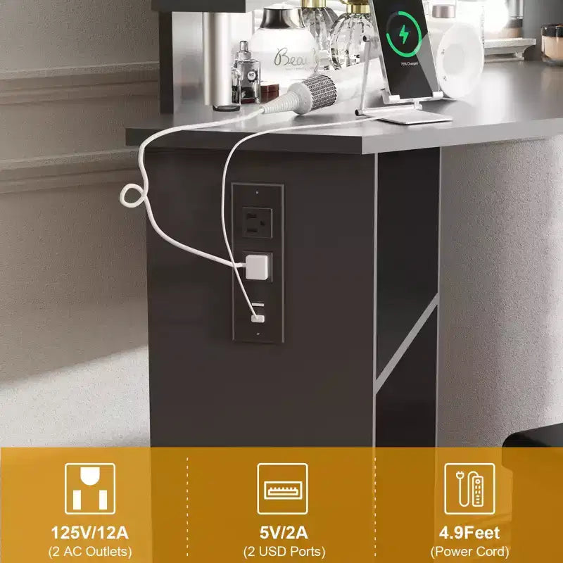 Coiffeuse d'angle avec lumières, table de maquillage avec prise de courant et tiroirs rotatifs pour chambre à coucher