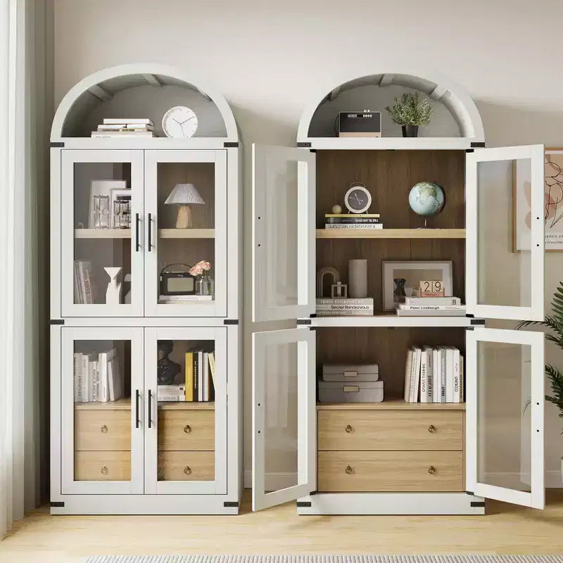 Libreria alta ad arco GustoWave 71.4 con 4 ante e 2 cassetti, armadietto espositivo profondo 15.8 con ripiani, scaffale in legno