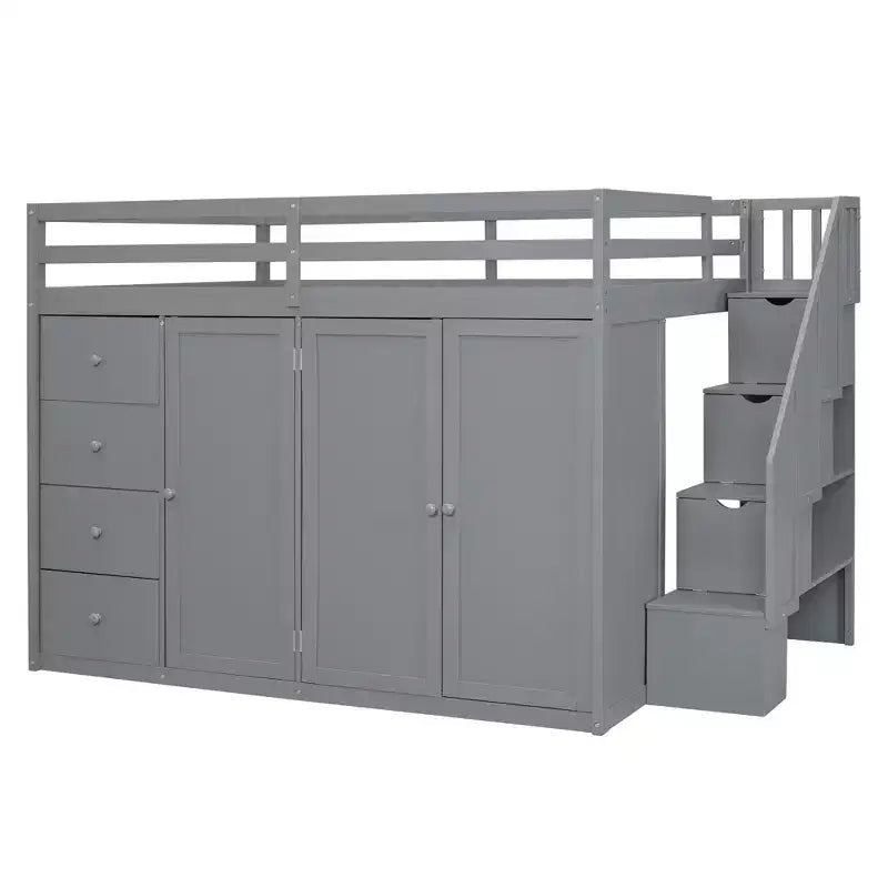Lit mezzanine pleine taille Teddy Fleece avec étagère de rangement et tiroirs, lit mezzanine haut en bois avec bureau polyvalent pour chambre à coucher