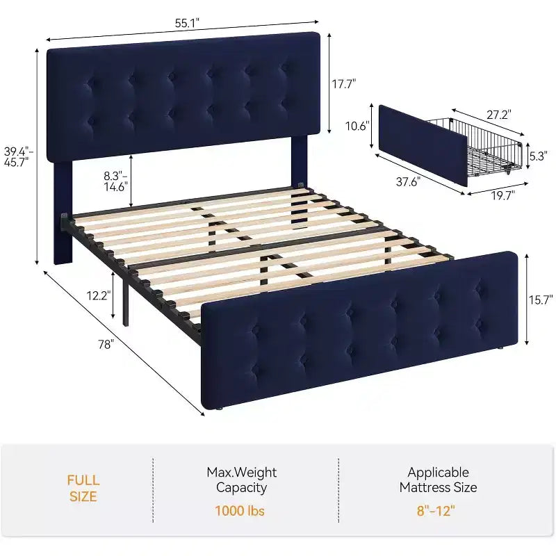 Lit coffre avec 4 tiroirs et tête de lit réglable - Lit plateforme rembourré