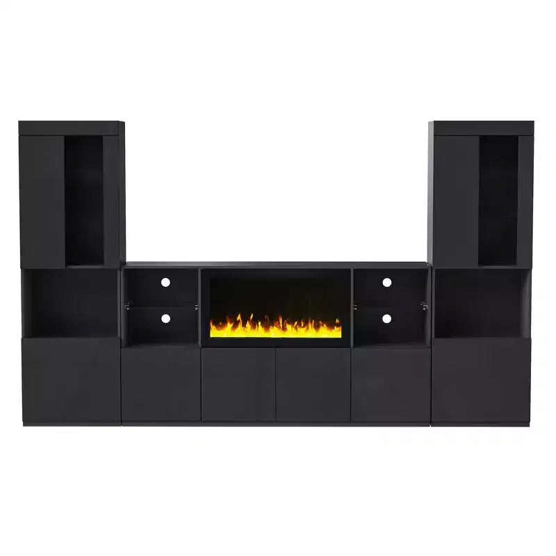 Meuble TV moderne avec lumières LED pour téléviseur de 75 pouces, table console multimédia avec étagères en verre trempé et foyer non chauffant