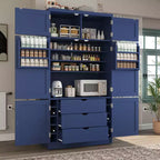 Dispensa Alta da Cucina con Prese di Corrente, Grande Credenza Autoportante con Supporto per Microonde, Cassetti, Scaffali, Portabottiglie e Ante con Ripiani