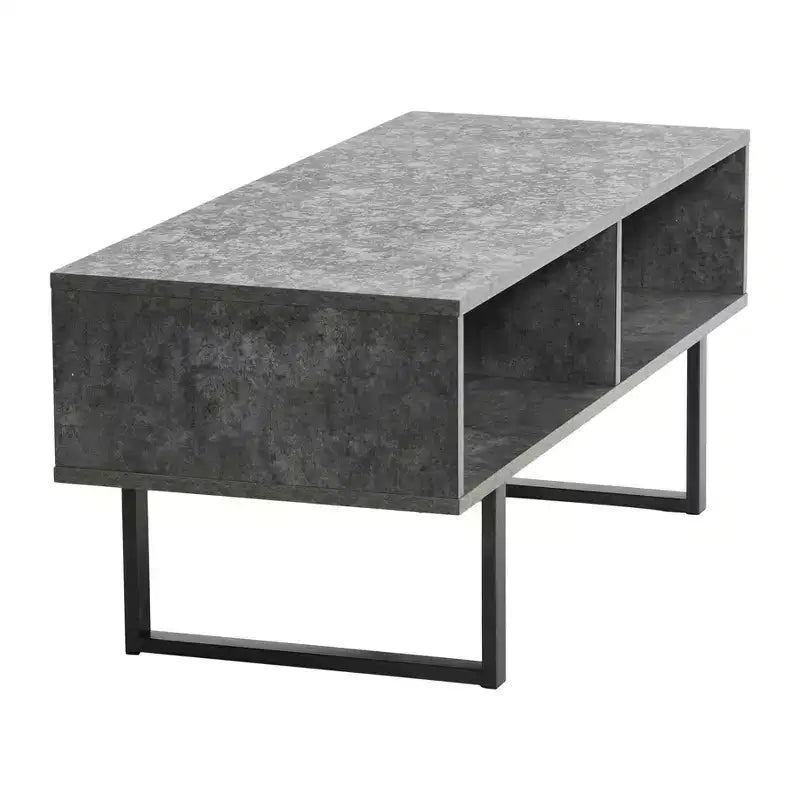 Tavolino porta TV Jamestown con vani rettangolari portaoggetti, effetto cemento ardesia rustico e metallo nero