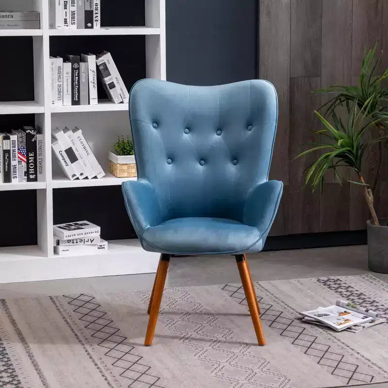 Poltrona Accent Doarnin contemporanea in velluto setoso con bottoni sullo schienale, blu