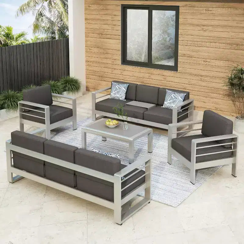 Christopher Knight Home Eleanor Ensemble de conversation extérieur 8 places en aluminium avec coussins, Kaki/Argent